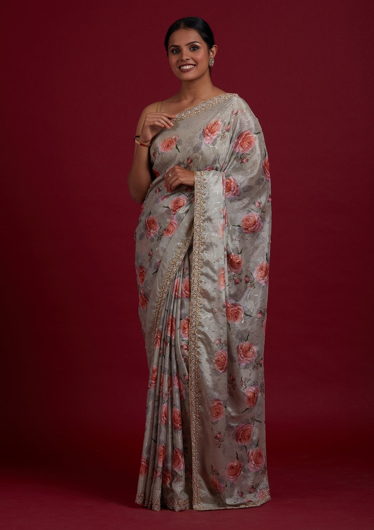 Pista Green Stonework Semi Crepe Designer Saree - Koskii
