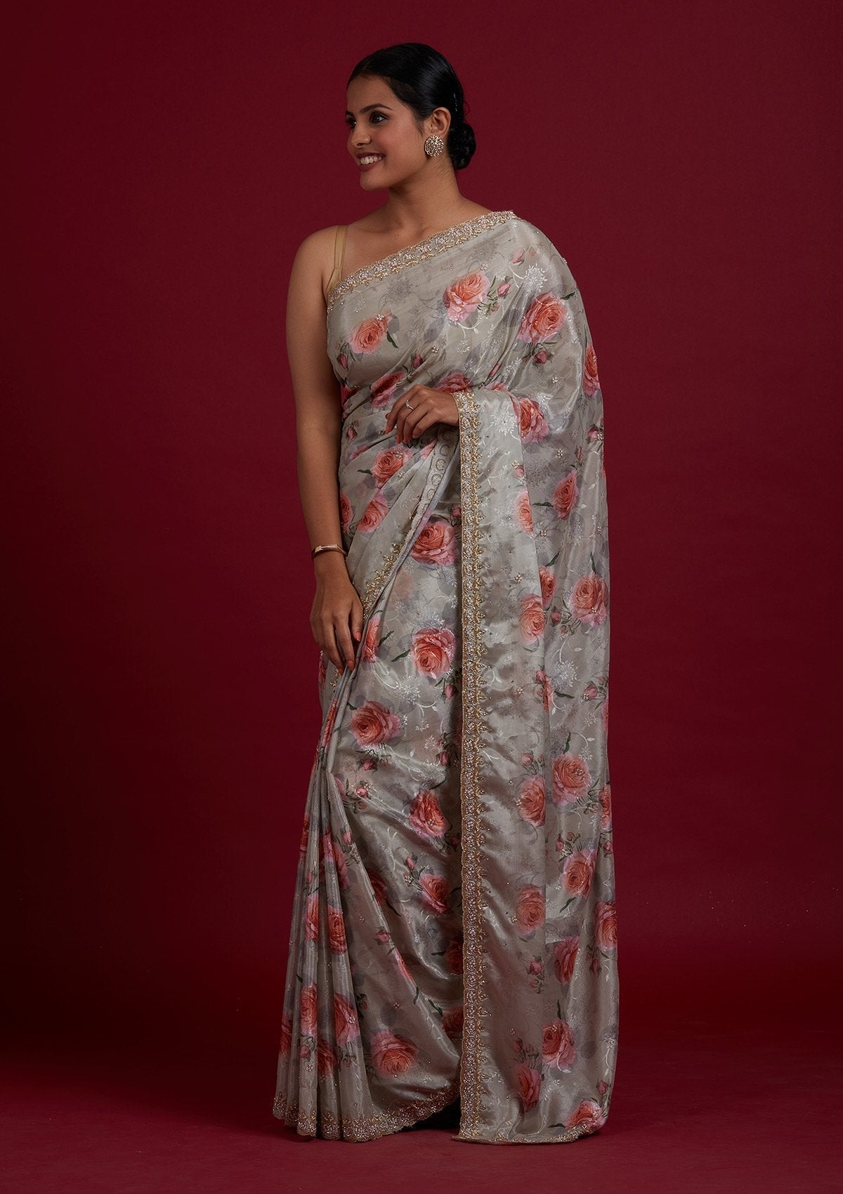 Pista Green Stonework Semi Crepe Designer Saree - Koskii