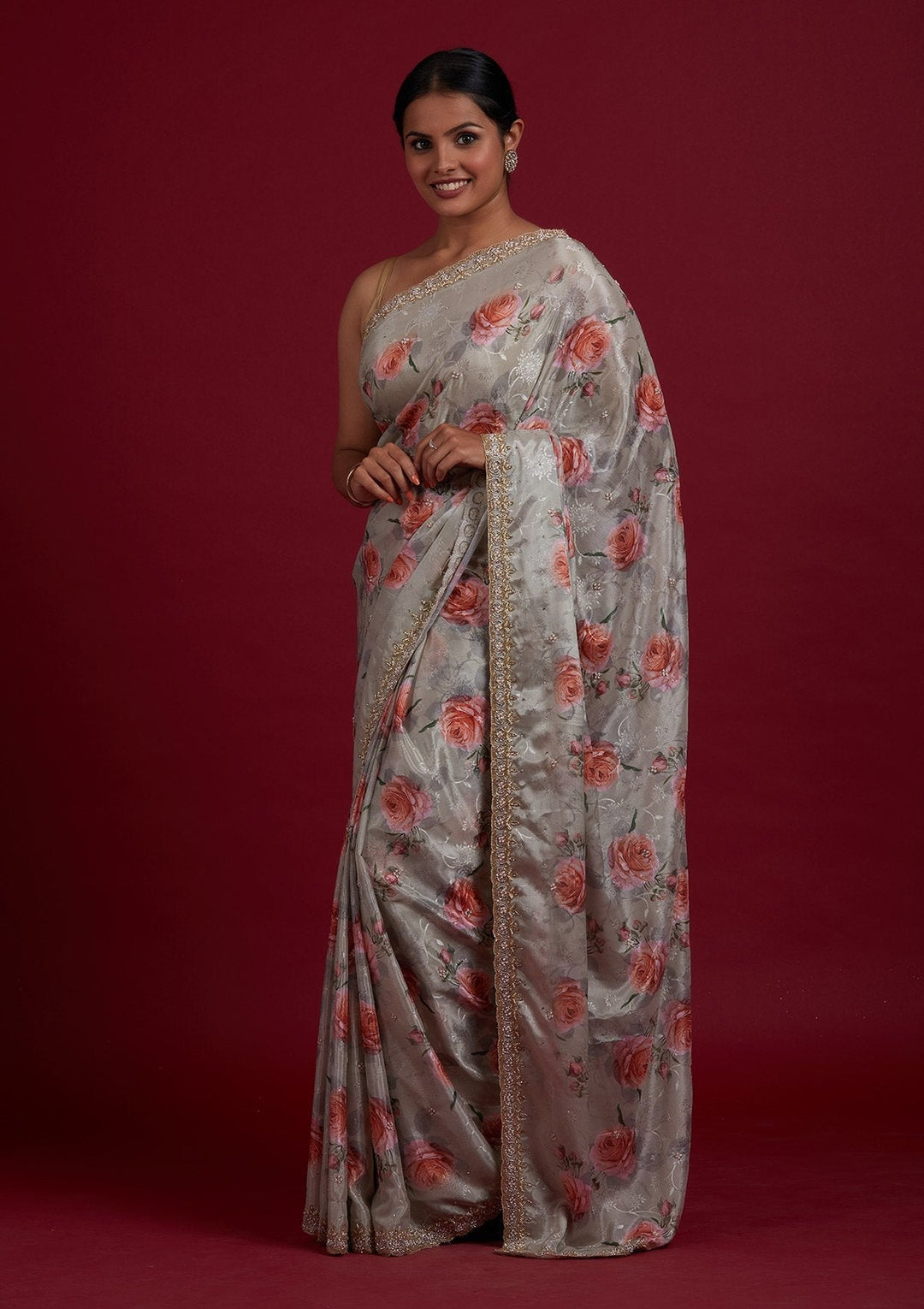 Pista Green Stonework Semi Crepe Designer Saree - Koskii