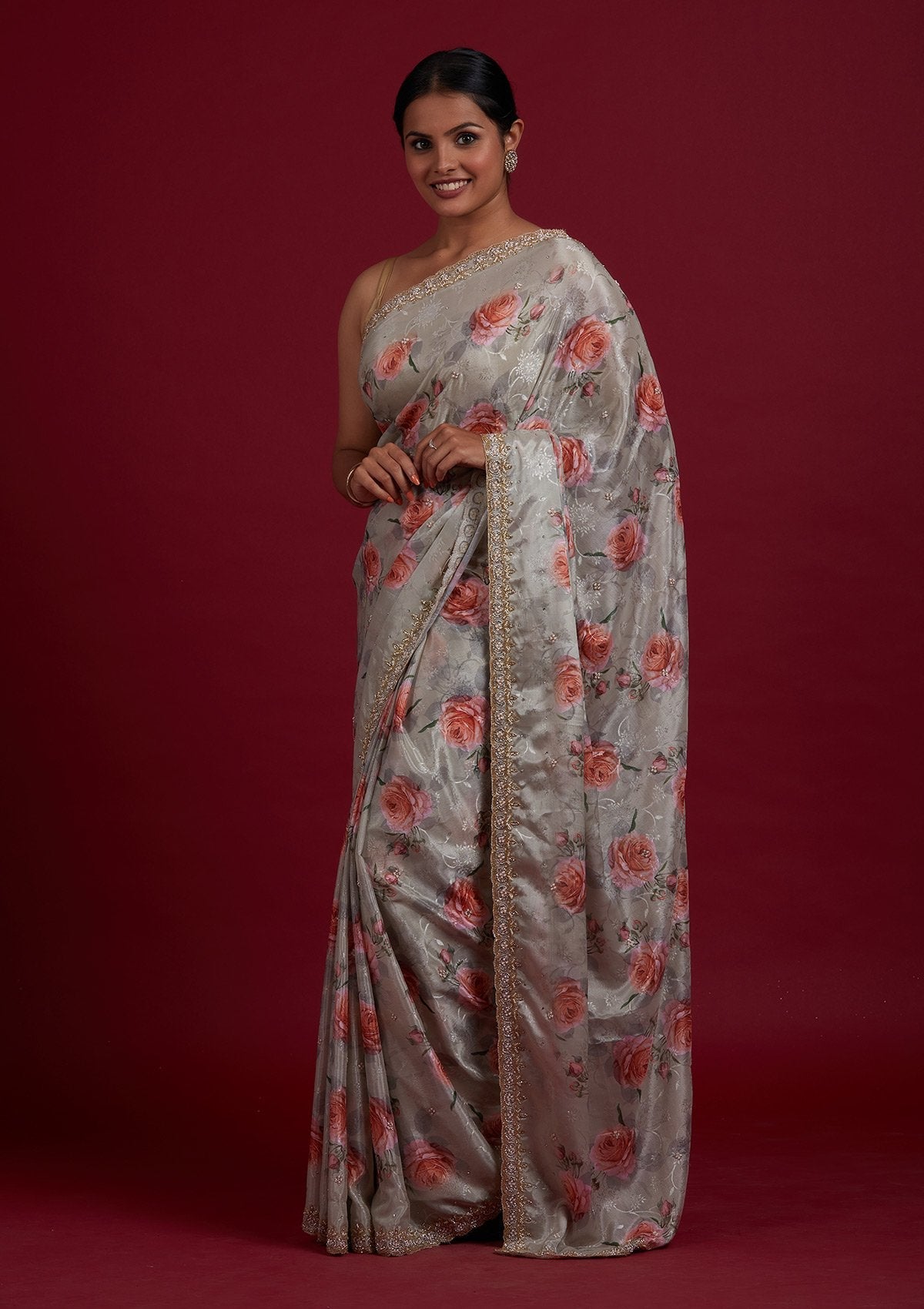 Pista Green Stonework Semi Crepe Designer Saree - Koskii