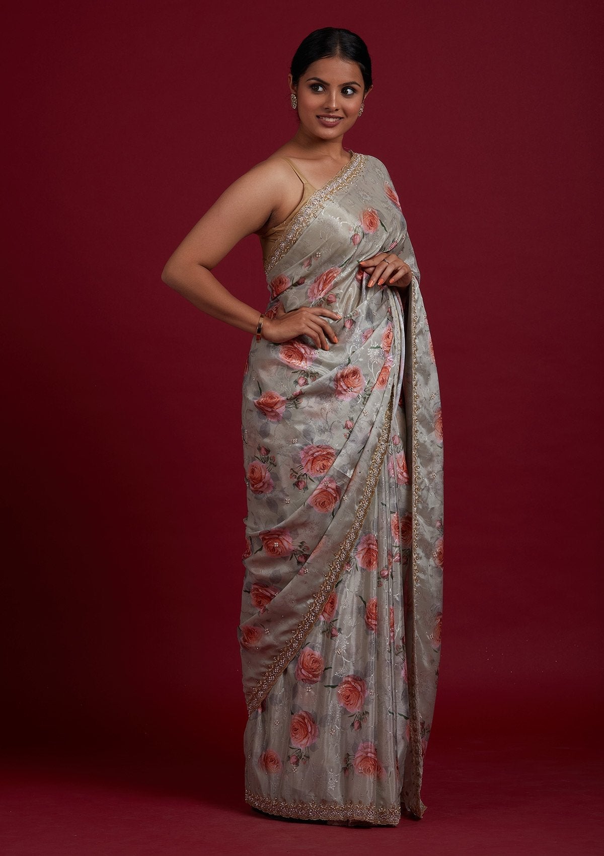 Pista Green Stonework Semi Crepe Designer Saree - Koskii