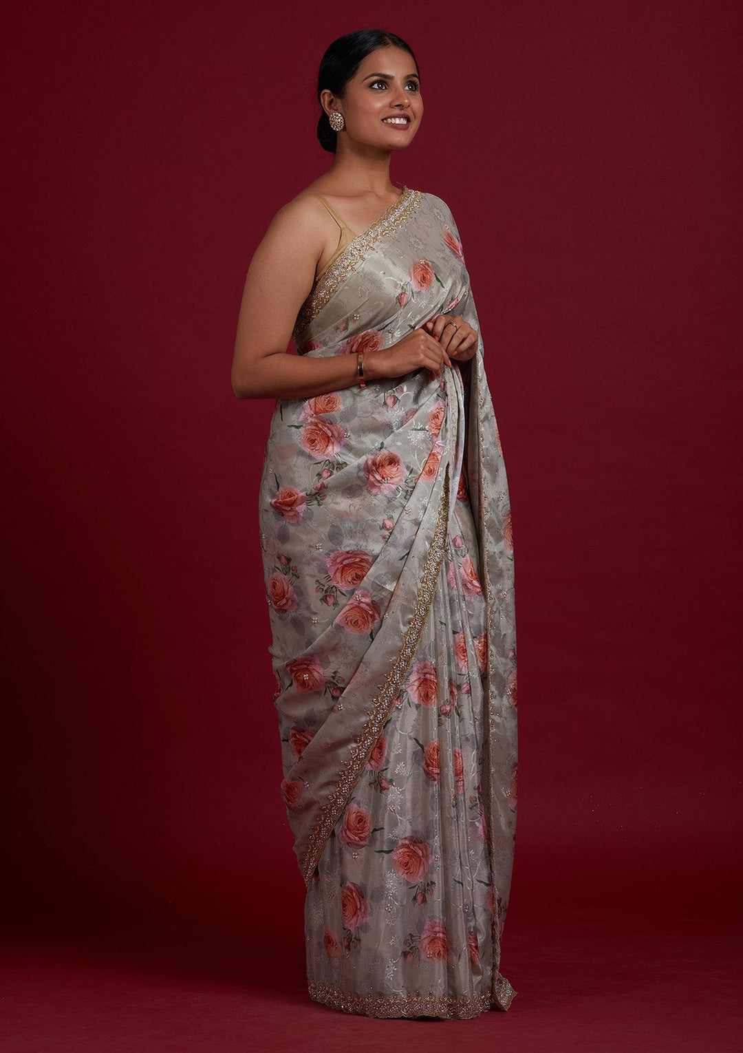 Pista Green Stonework Semi Crepe Designer Saree - Koskii