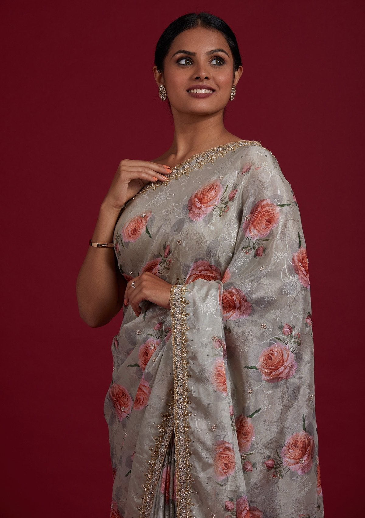 Pista Green Stonework Semi Crepe Designer Saree - Koskii