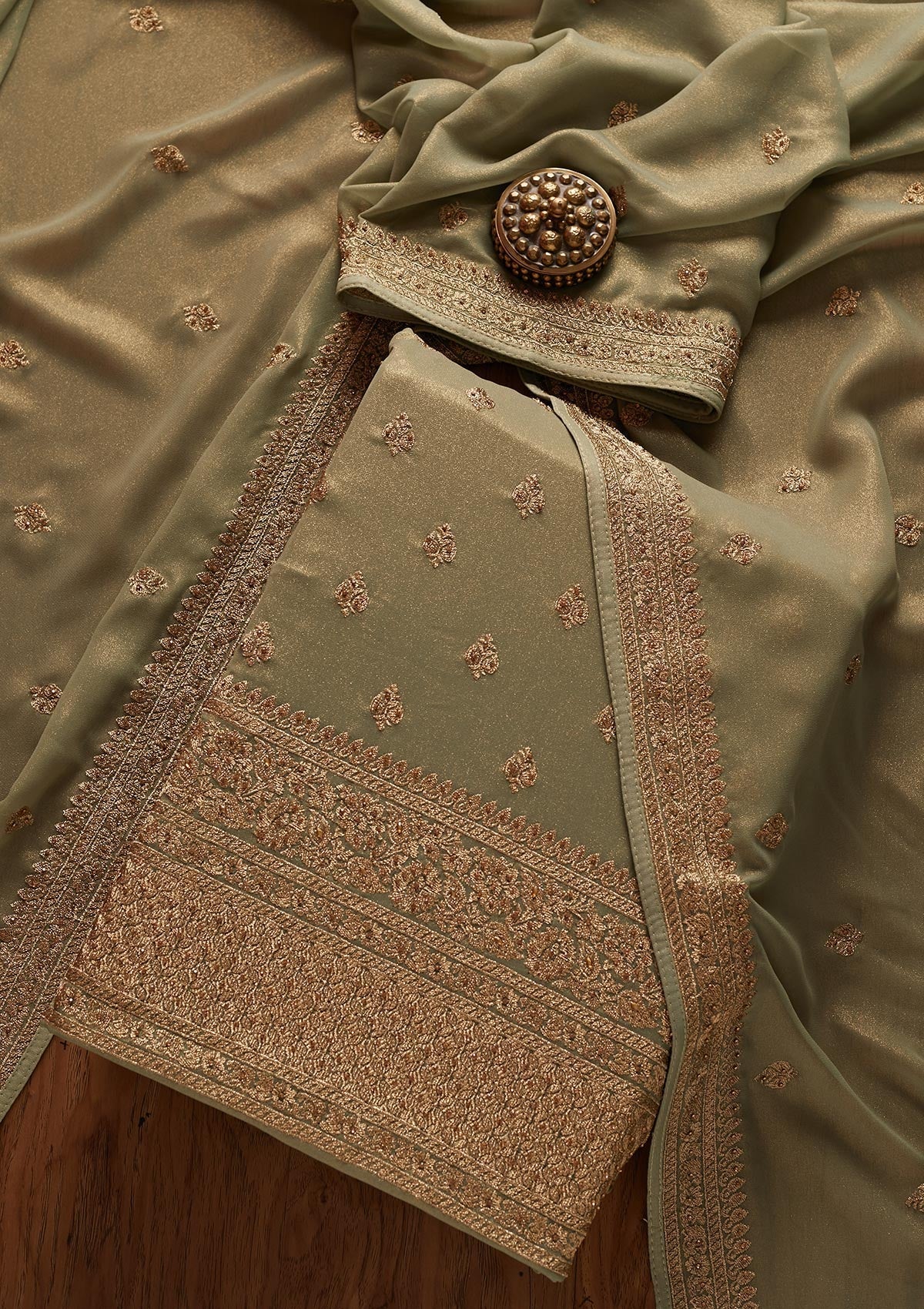 Pista Green Stonework Shimmer Designer Unstitched Salwar Suit - koskii