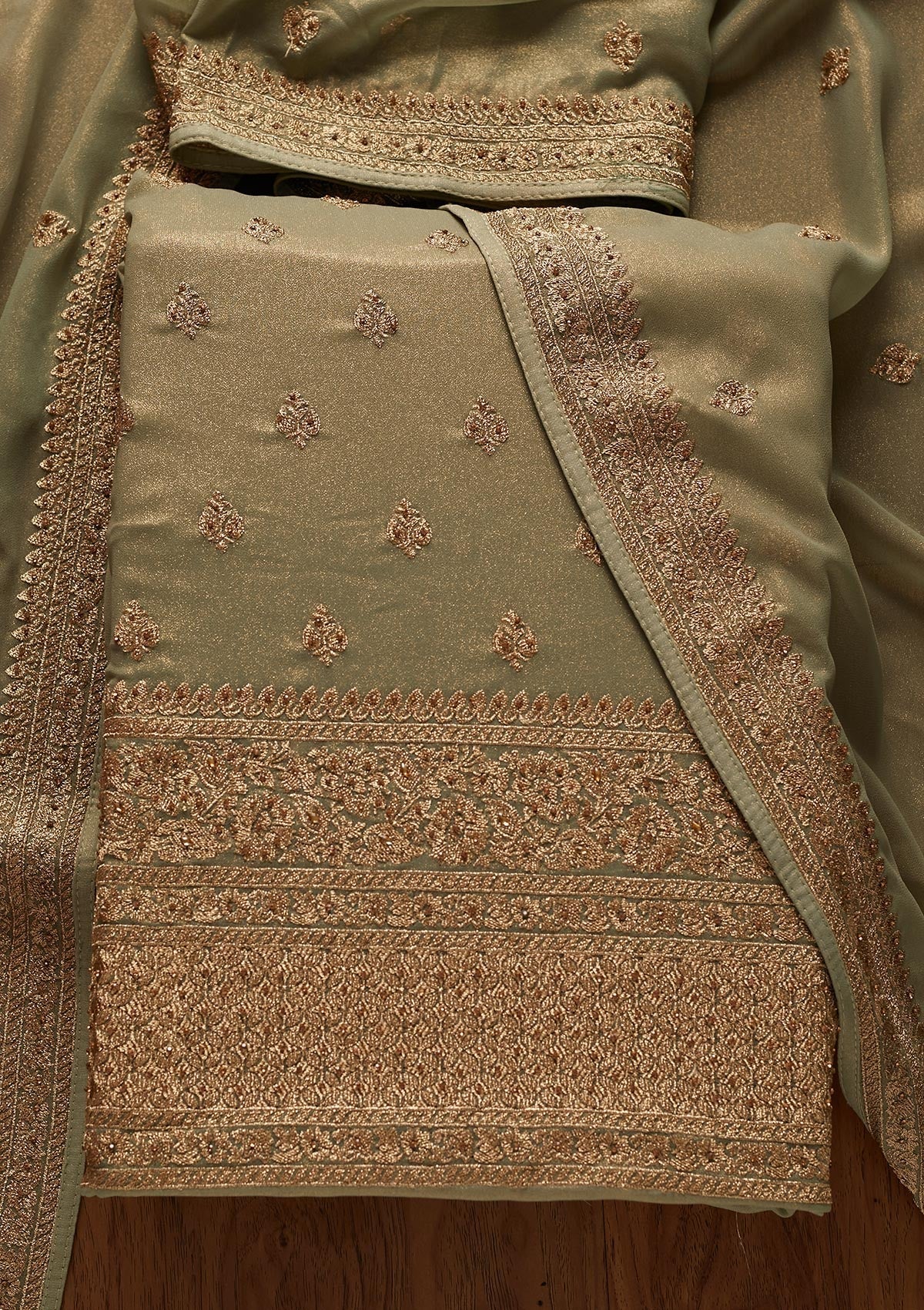 Pista Green Stonework Shimmer Designer Unstitched Salwar Suit - koskii