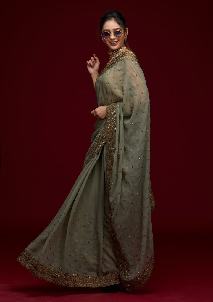 Pista Green Stonework Shimmer Saree- Koskii