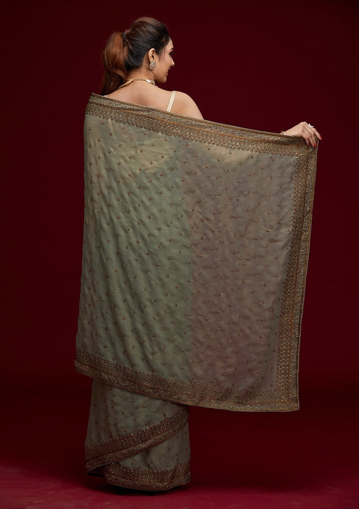 Pista Green Stonework Shimmer Saree - Koskii