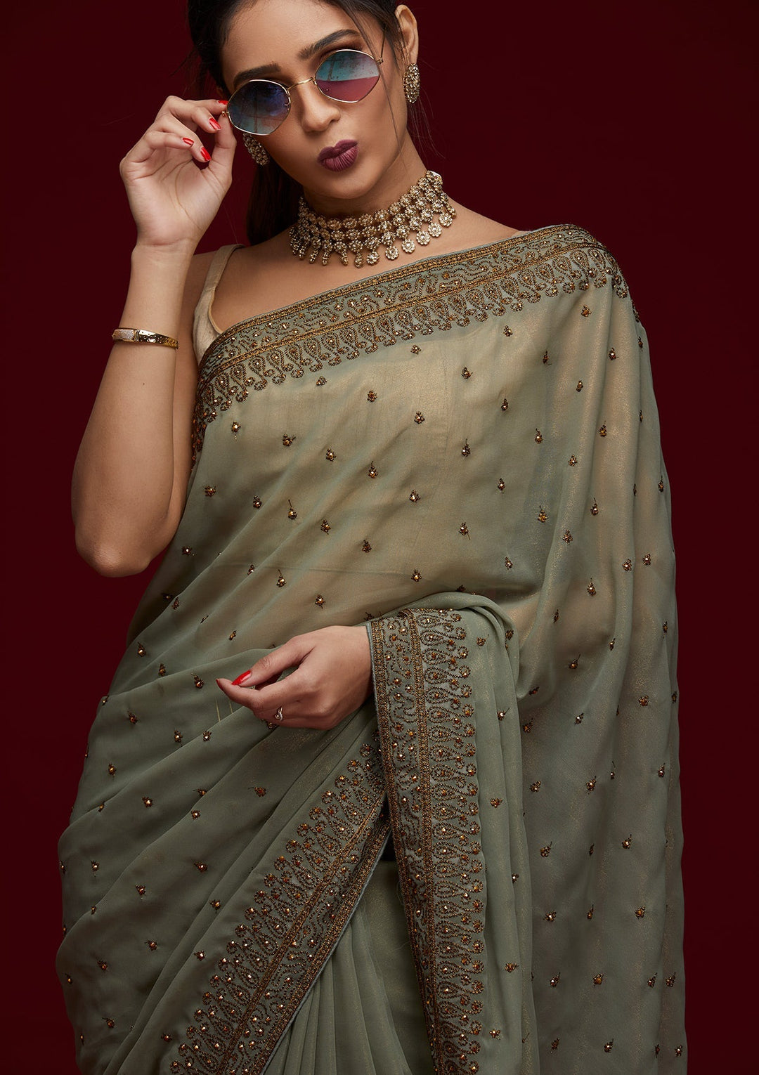 Pista Green Stonework Shimmer Saree - Koskii