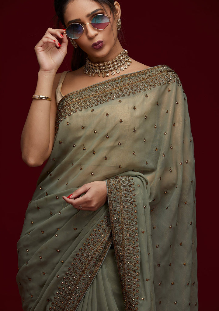 Pista Green Stonework Shimmer Saree - Koskii