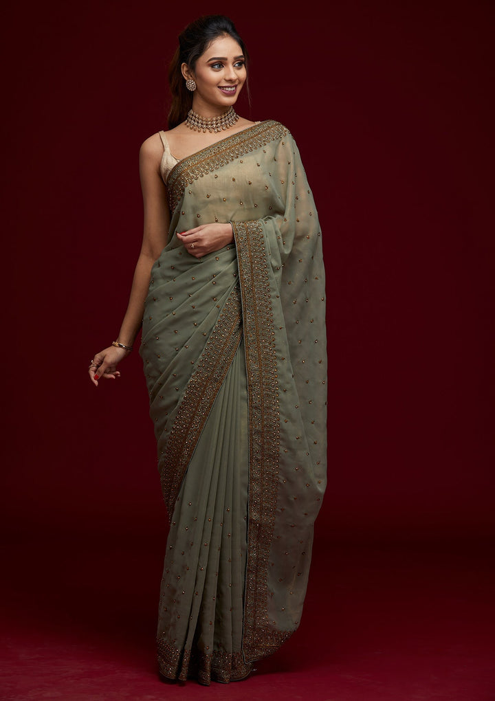 Pista Green Stonework Shimmer Saree - Koskii