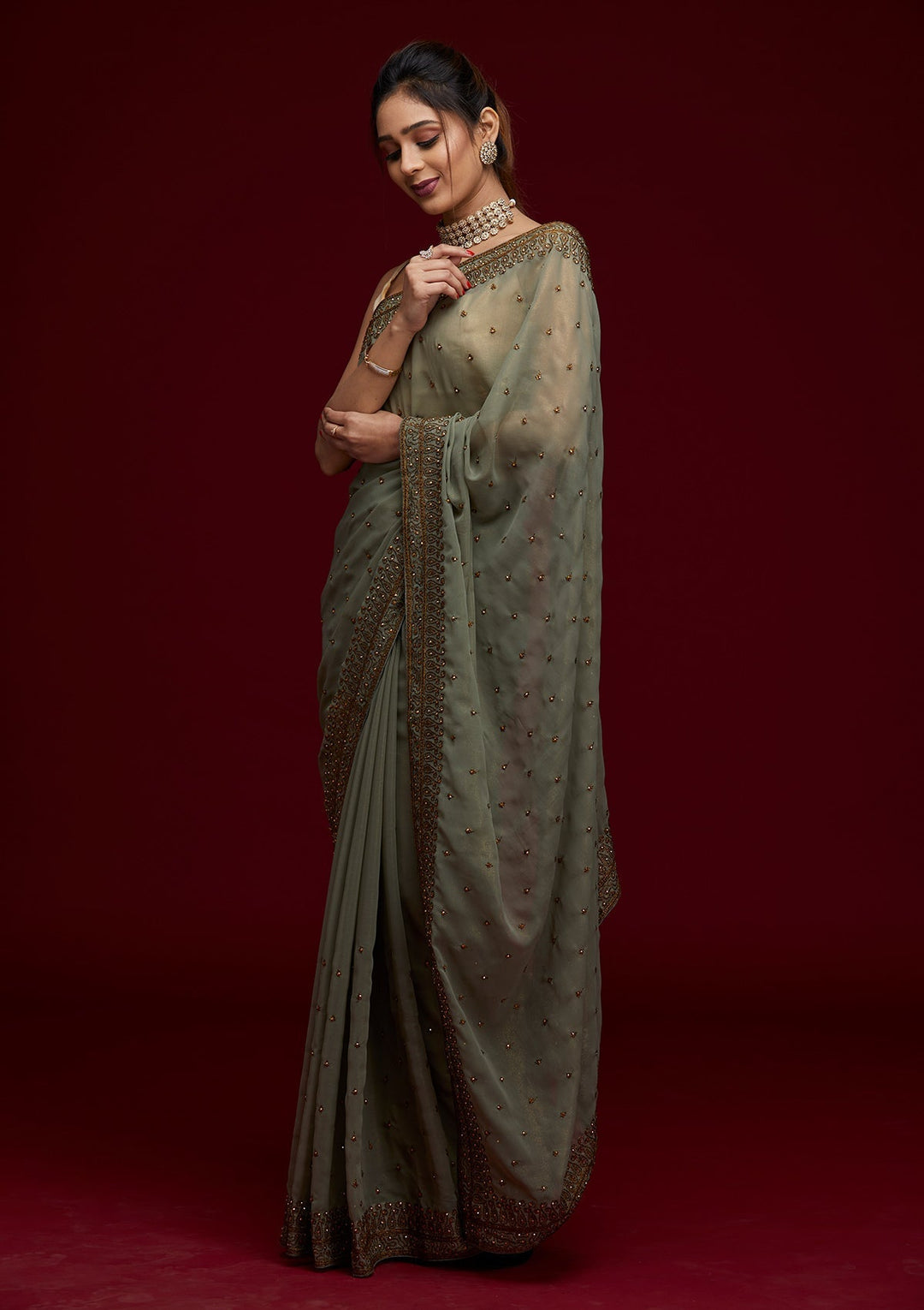 Pista Green Stonework Shimmer Saree - Koskii