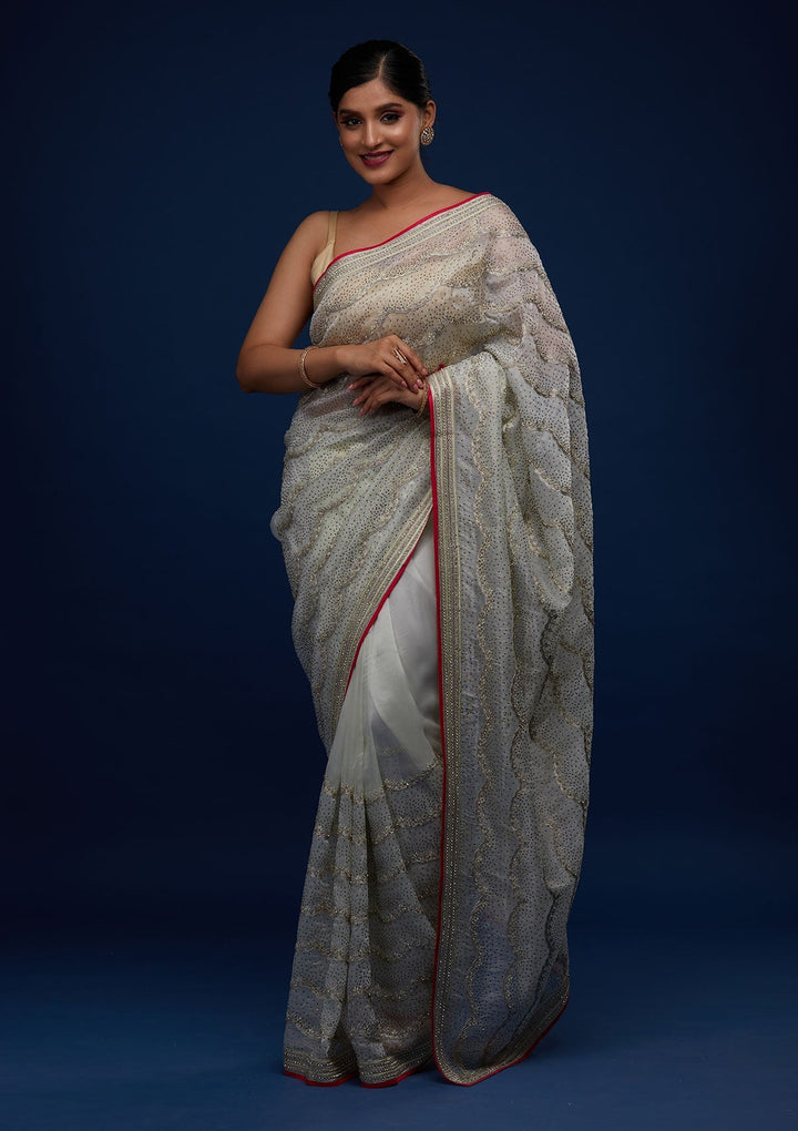 Pista Green Stonework Tissue Designer Saree - Koskii