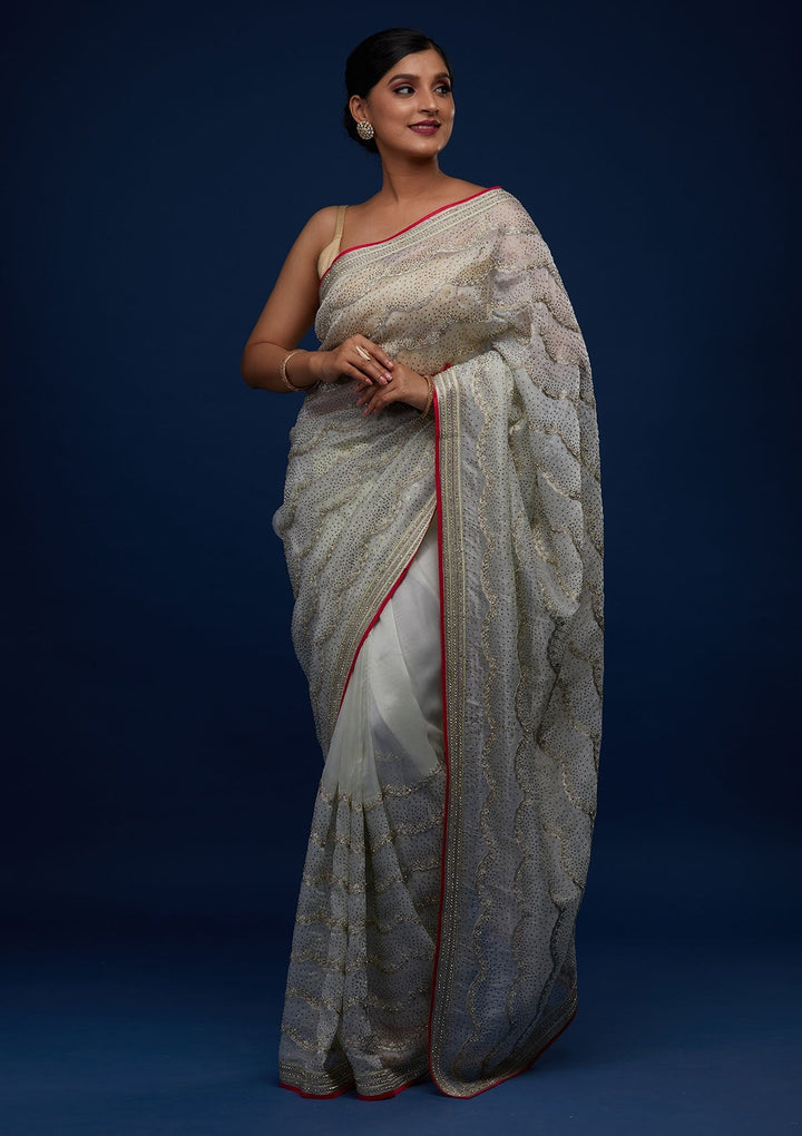 Pista Green Stonework Tissue Designer Saree - Koskii