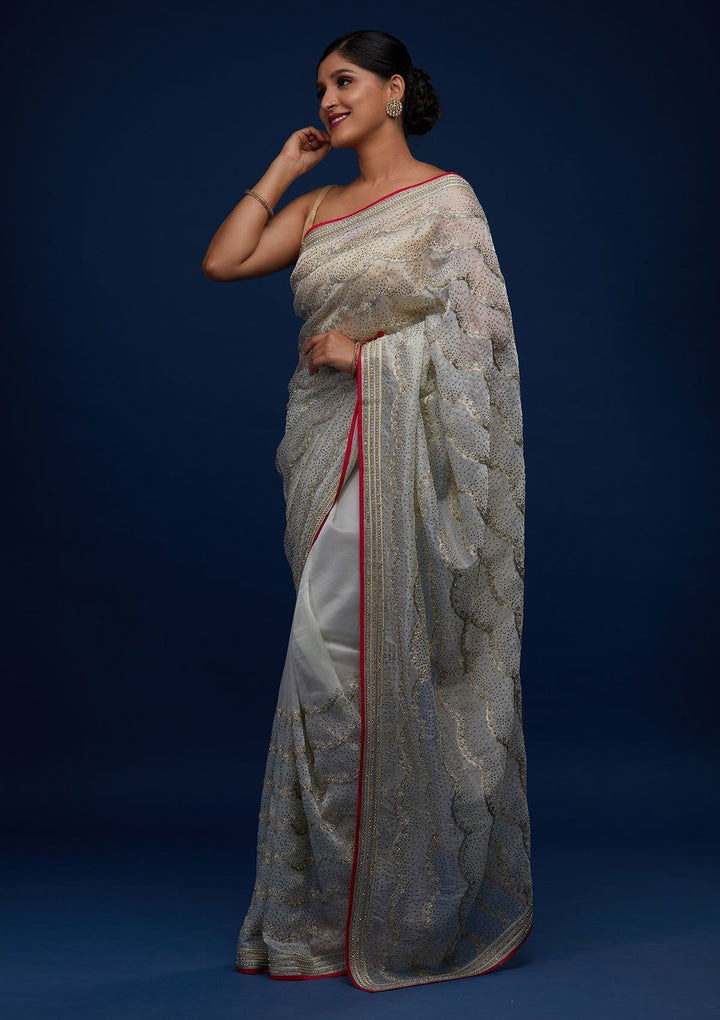 Pista Green Stonework Tissue Designer Saree - Koskii