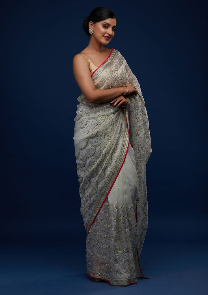 Pista Green Stonework Tissue Designer Saree - Koskii