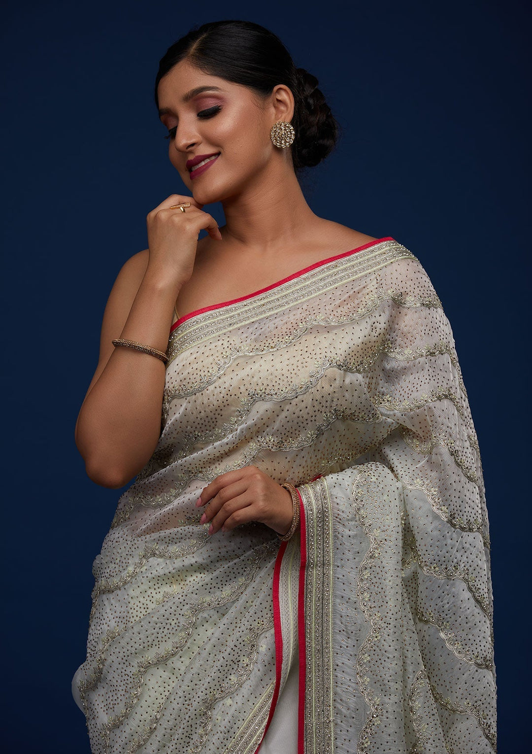 Pista Green Stonework Tissue Designer Saree - Koskii