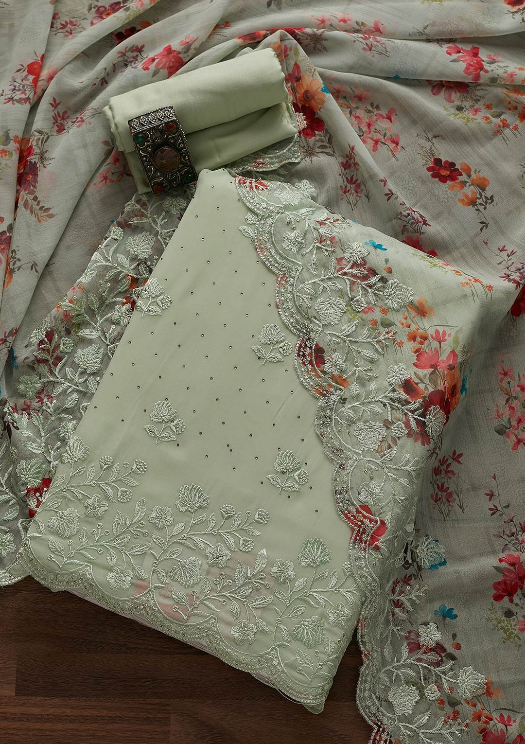 Pista Green Swarovski Georgette Designer Unstitched Salwar Suit - Koskii