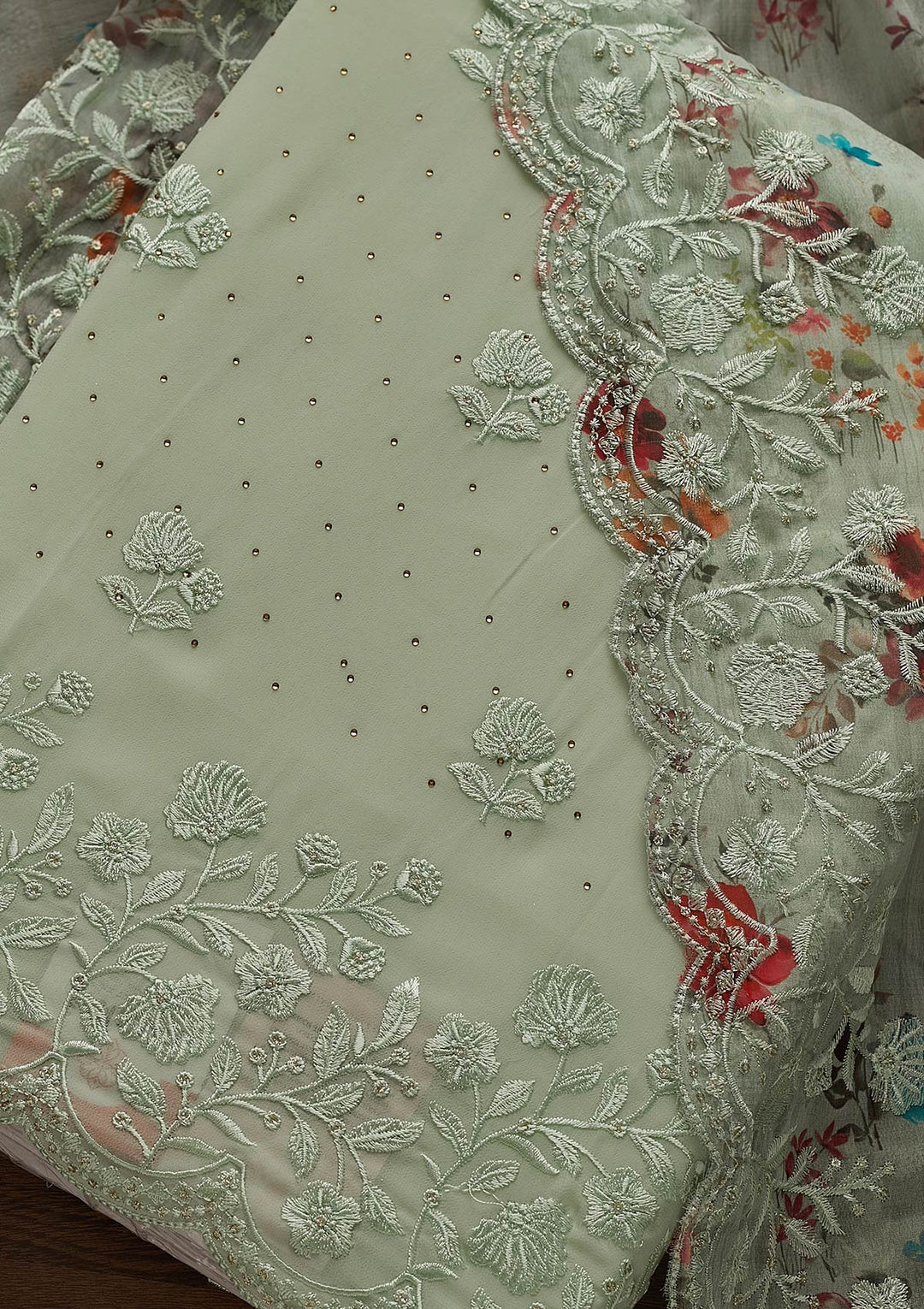 Pista Green Swarovski Georgette Designer Unstitched Salwar Suit - Koskii