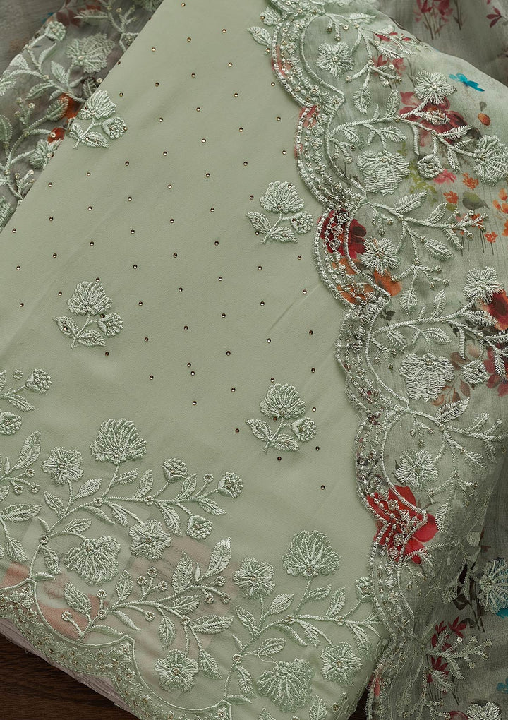 Pista Green Swarovski Georgette Designer Unstitched Salwar Suit - Koskii