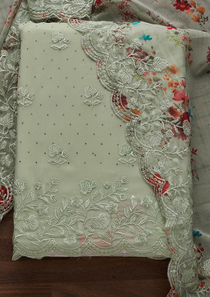 Pista Green Swarovski Georgette Designer Unstitched Salwar Suit - Koskii