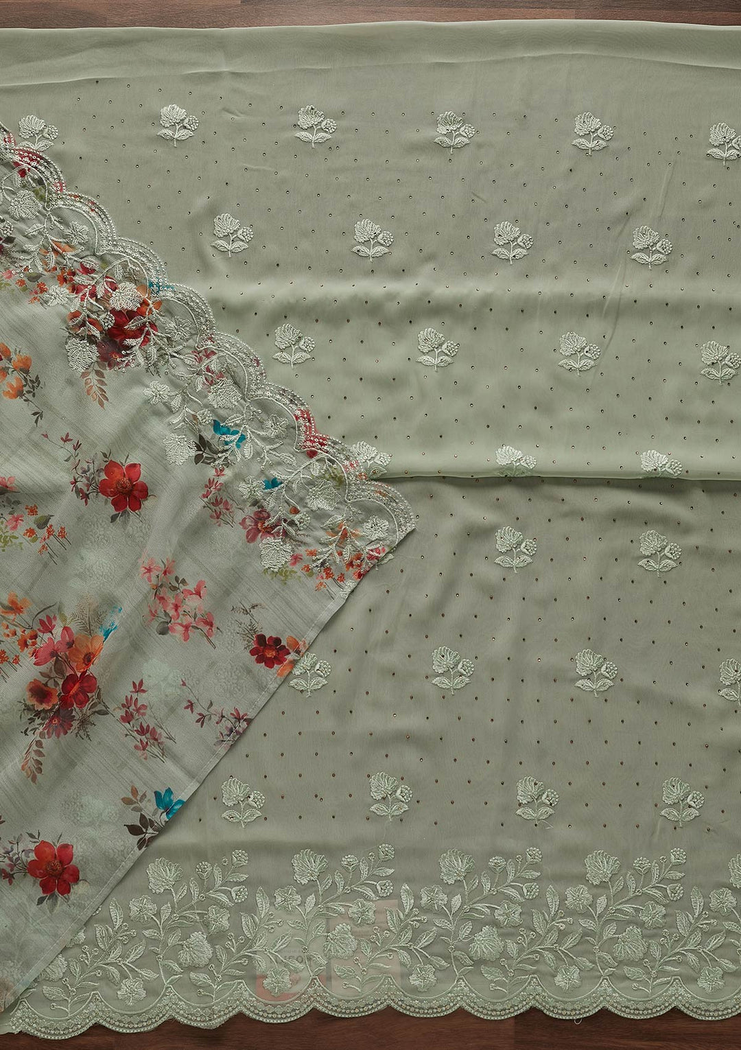 Pista Green Swarovski Georgette Designer Unstitched Salwar Suit - Koskii