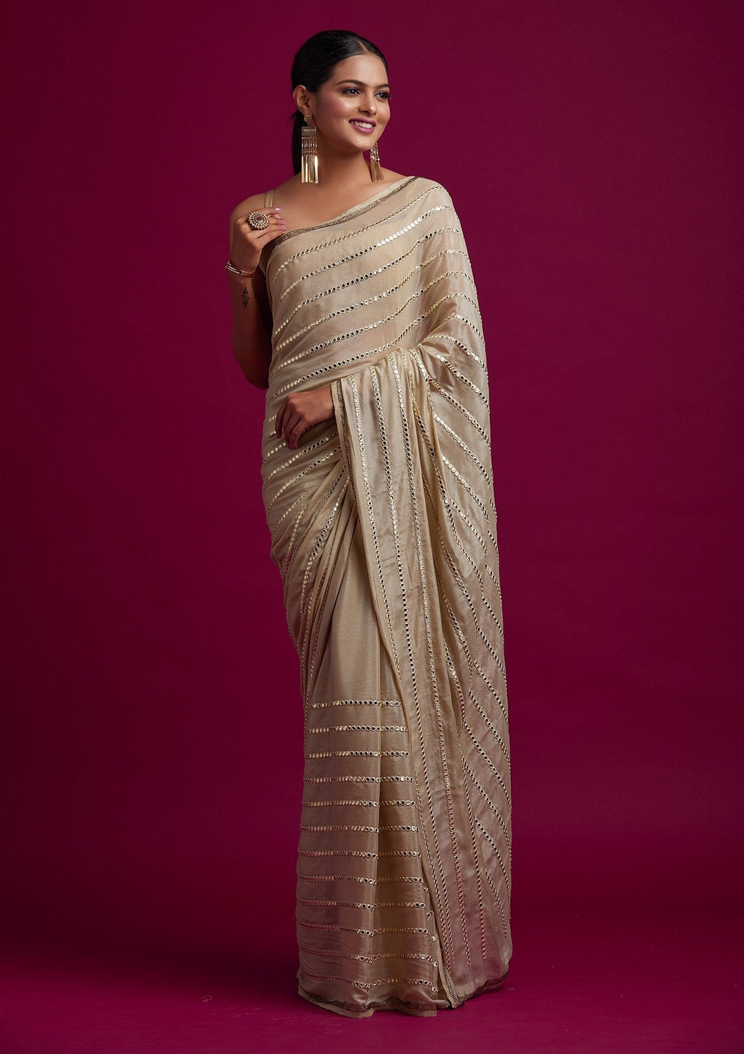 Pista Green Swarovski Georgette Designer Saree - koskii