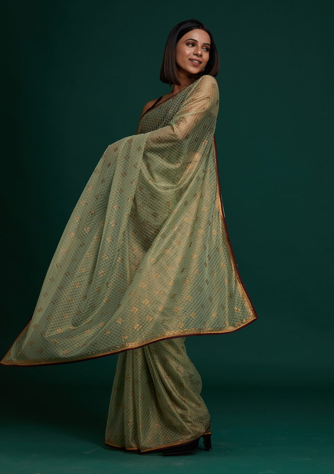 Pista Green Swarovski Net Saree- Koskii