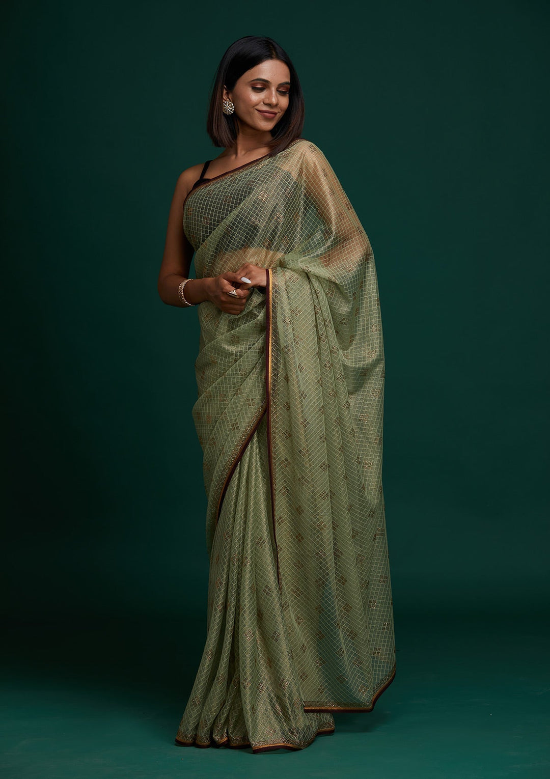 Pista Green Swarovski Net Saree - Koskii