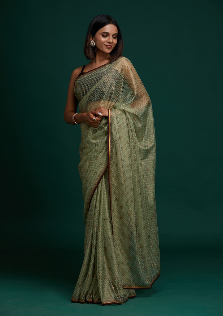 Pista Green Swarovski Net Saree - Koskii