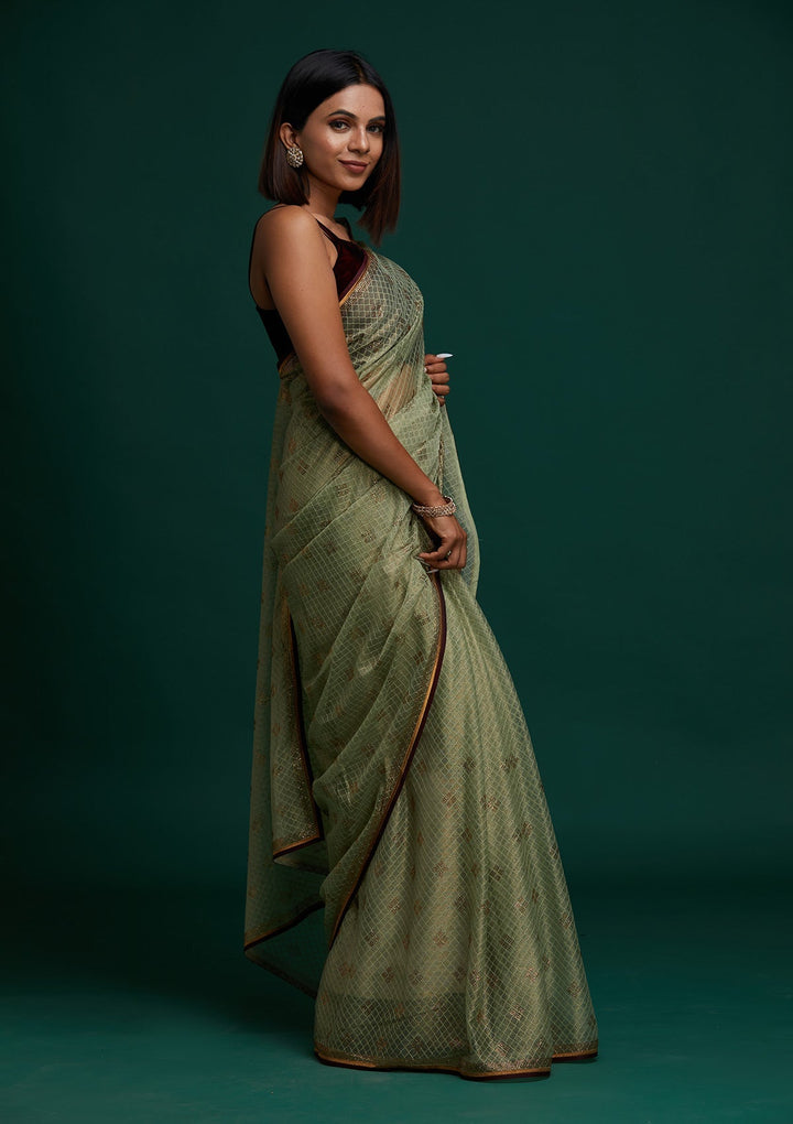 Pista Green Swarovski Net Saree - Koskii
