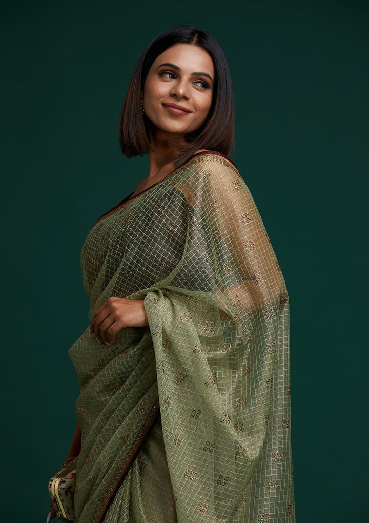 Pista Green Swarovski Net Saree - Koskii