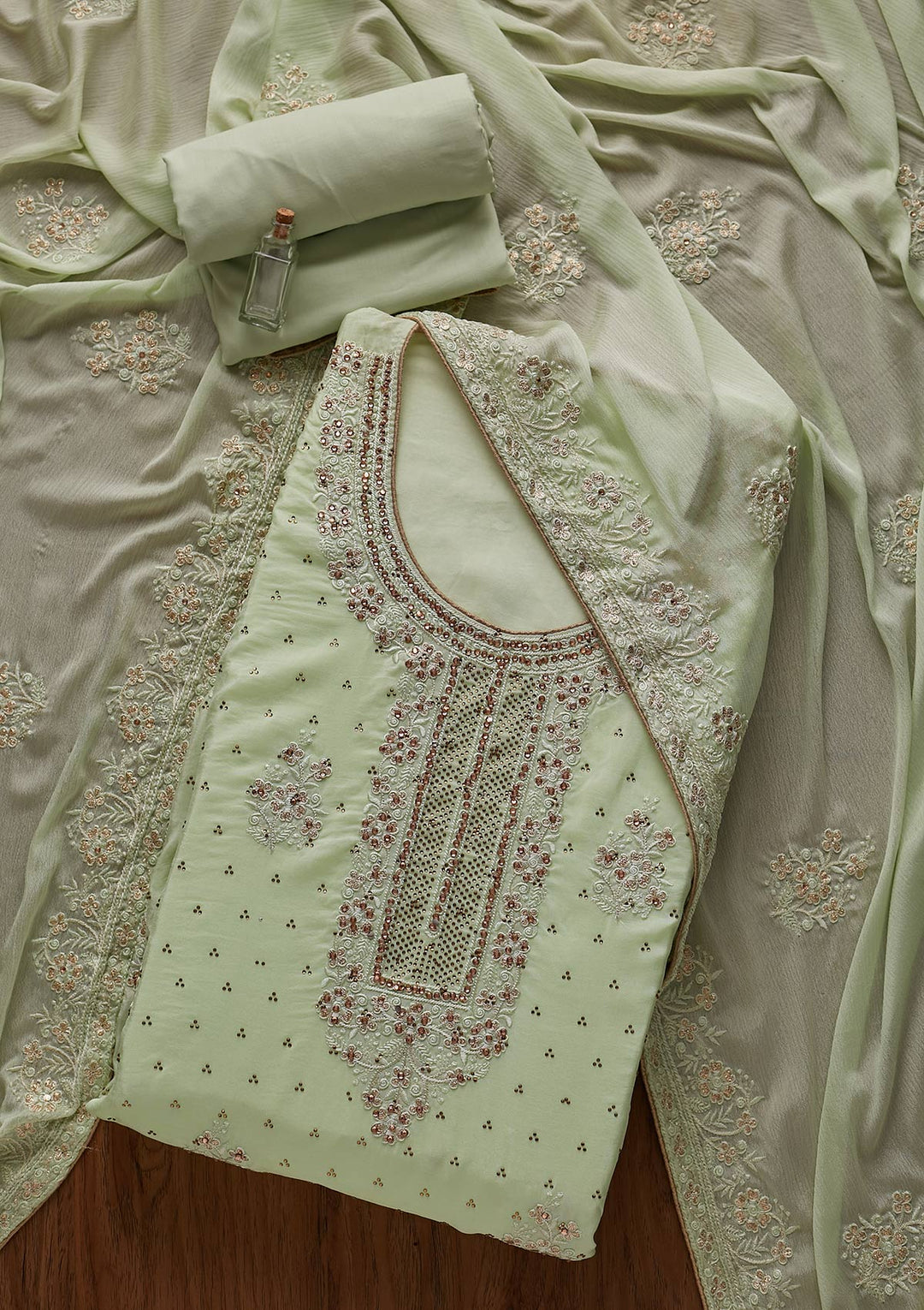 Pista Green Swarovski Semi Crepe Designer Unstitched Salwar Suit - koskii