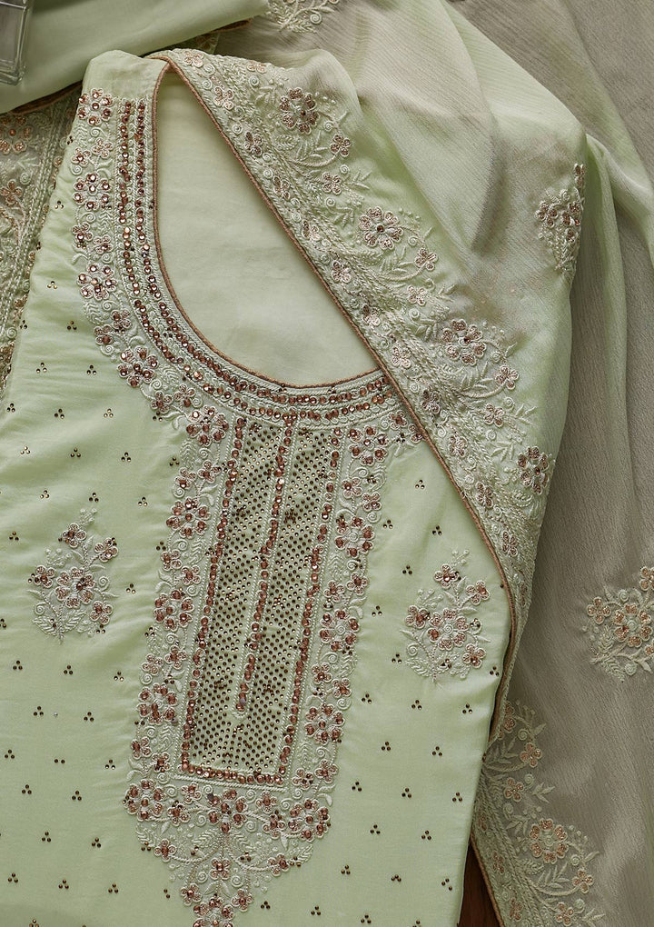 Pista Green Swarovski Semi Crepe Designer Unstitched Salwar Suit - koskii