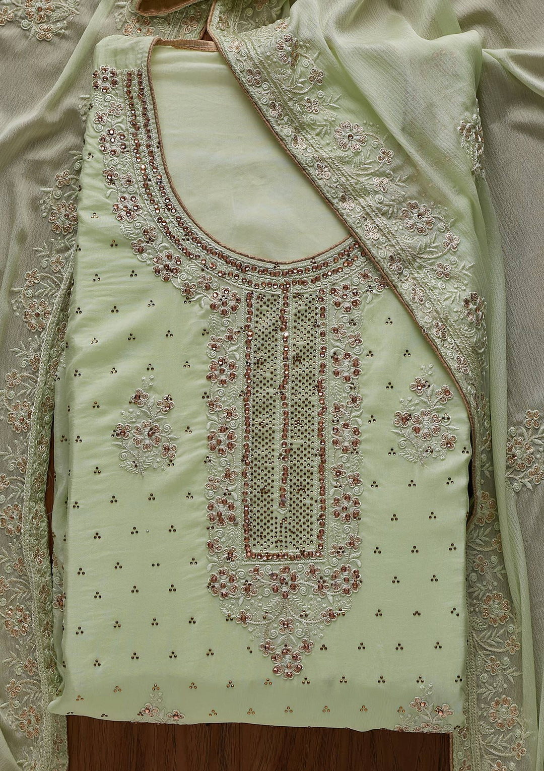 Pista Green Swarovski Semi Crepe Designer Unstitched Salwar Suit - koskii