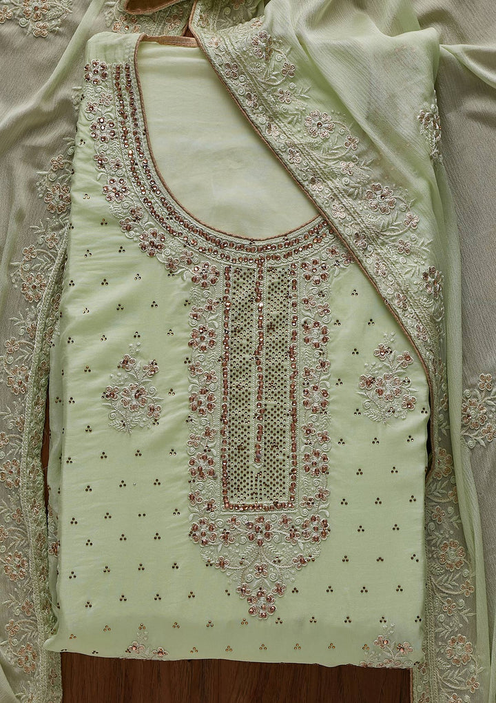 Pista Green Swarovski Semi Crepe Designer Unstitched Salwar Suit - koskii