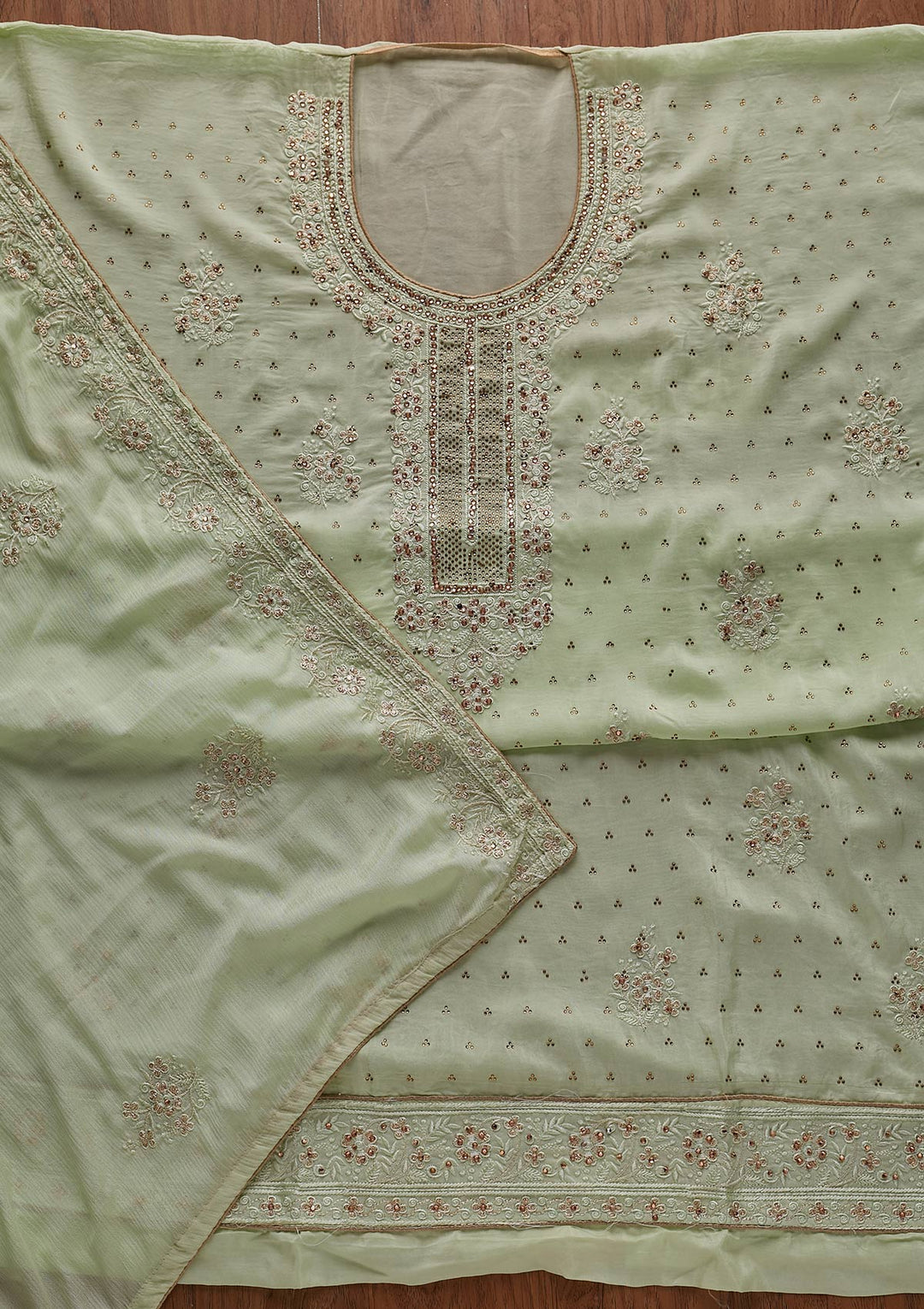 Pista Green Swarovski Semi Crepe Designer Unstitched Salwar Suit - koskii