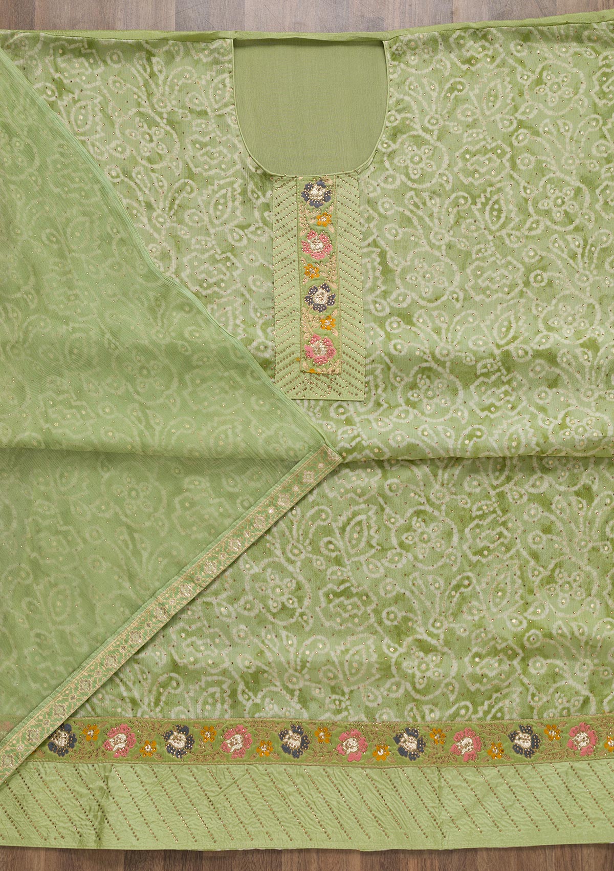 Pista Green Semi Crepe Swarovski Unstitched Salwar Suit-koskii