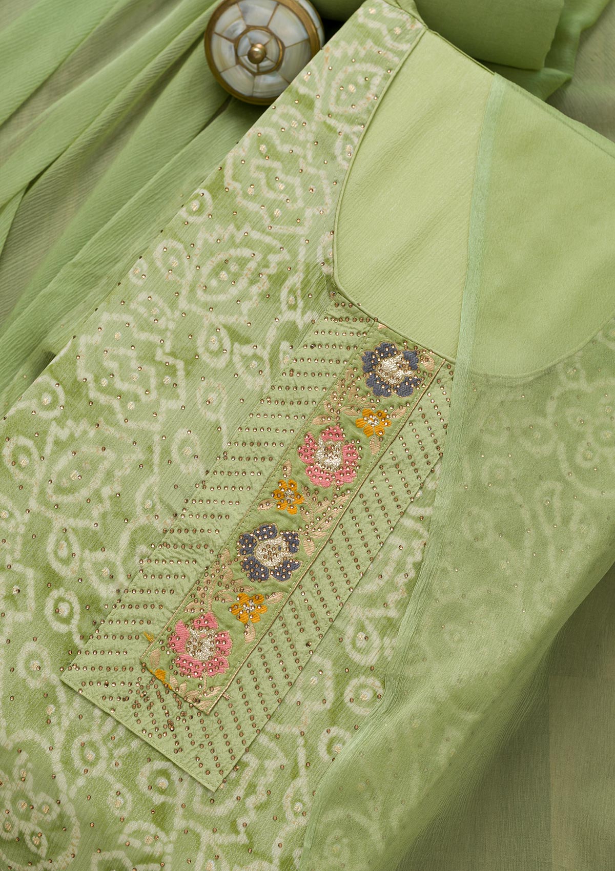 Pista Green Semi Crepe Swarovski Unstitched Salwar Suit-koskii