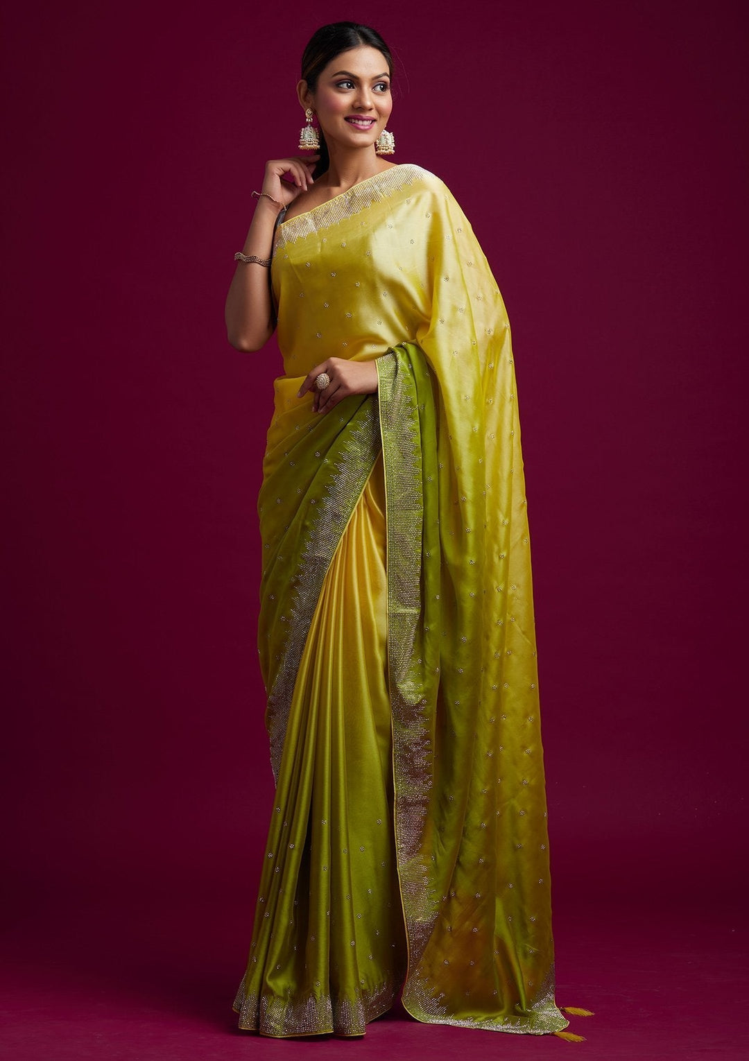 Pista Green Swarovski Semi Crepe Designer Saree - koskii