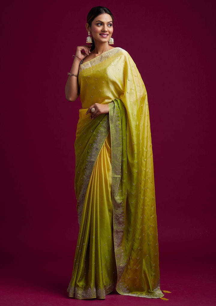 Pista Green Swarovski Semi Crepe Designer Saree - koskii
