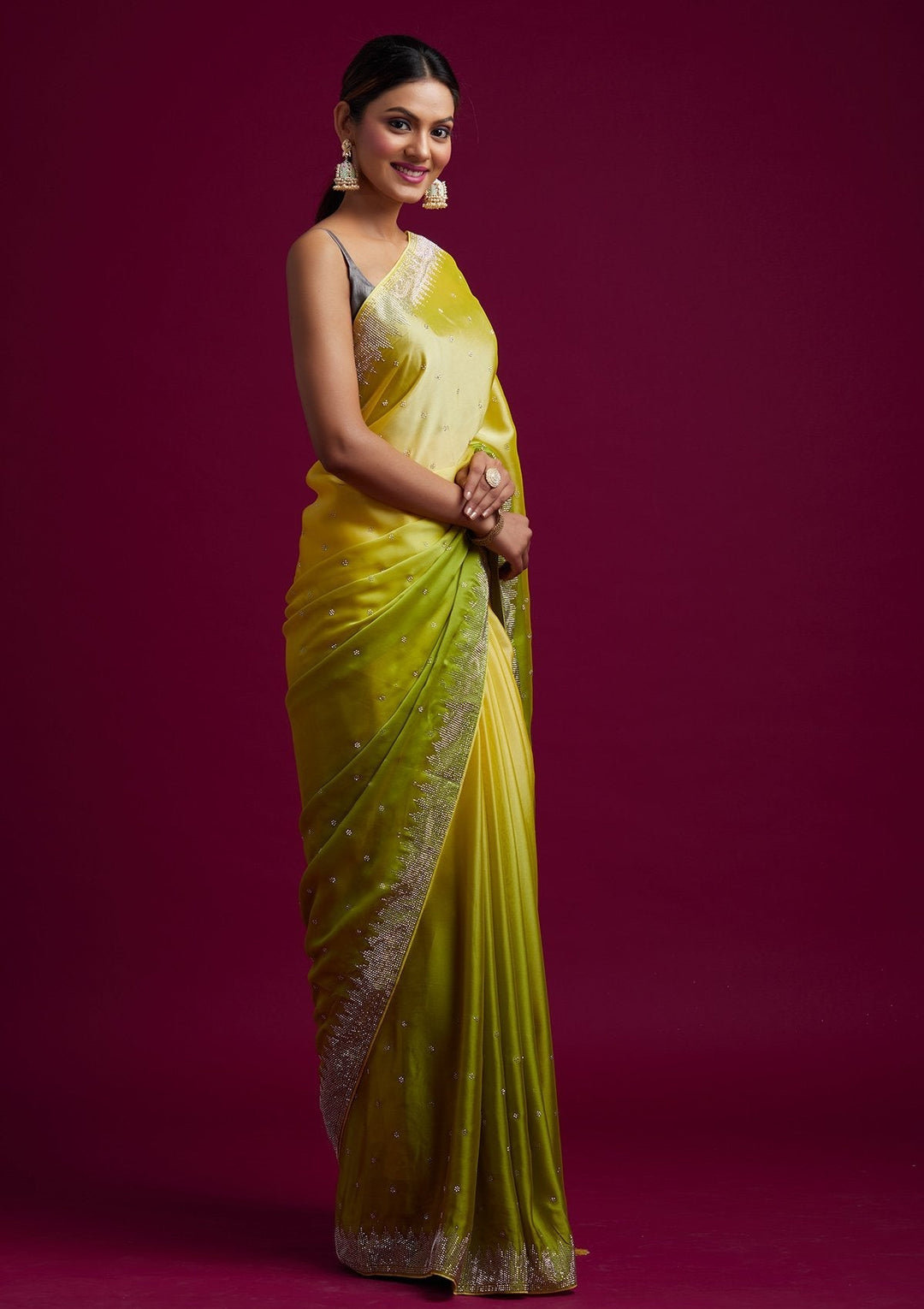 Pista Green Swarovski Semi Crepe Designer Saree - koskii