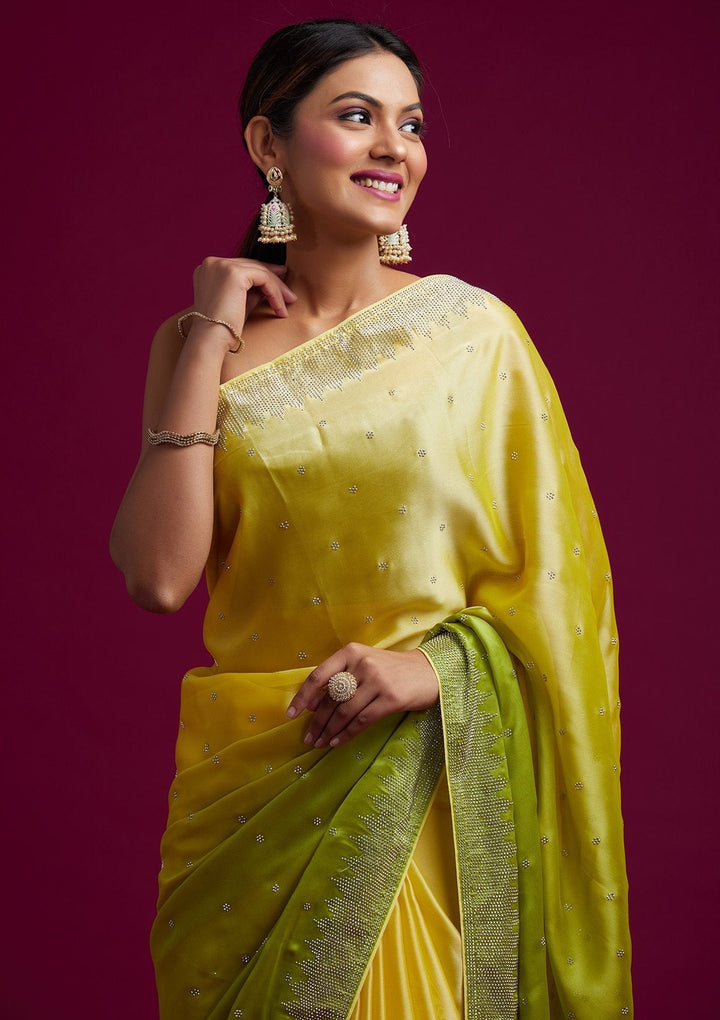 Pista Green Swarovski Semi Crepe Designer Saree - koskii