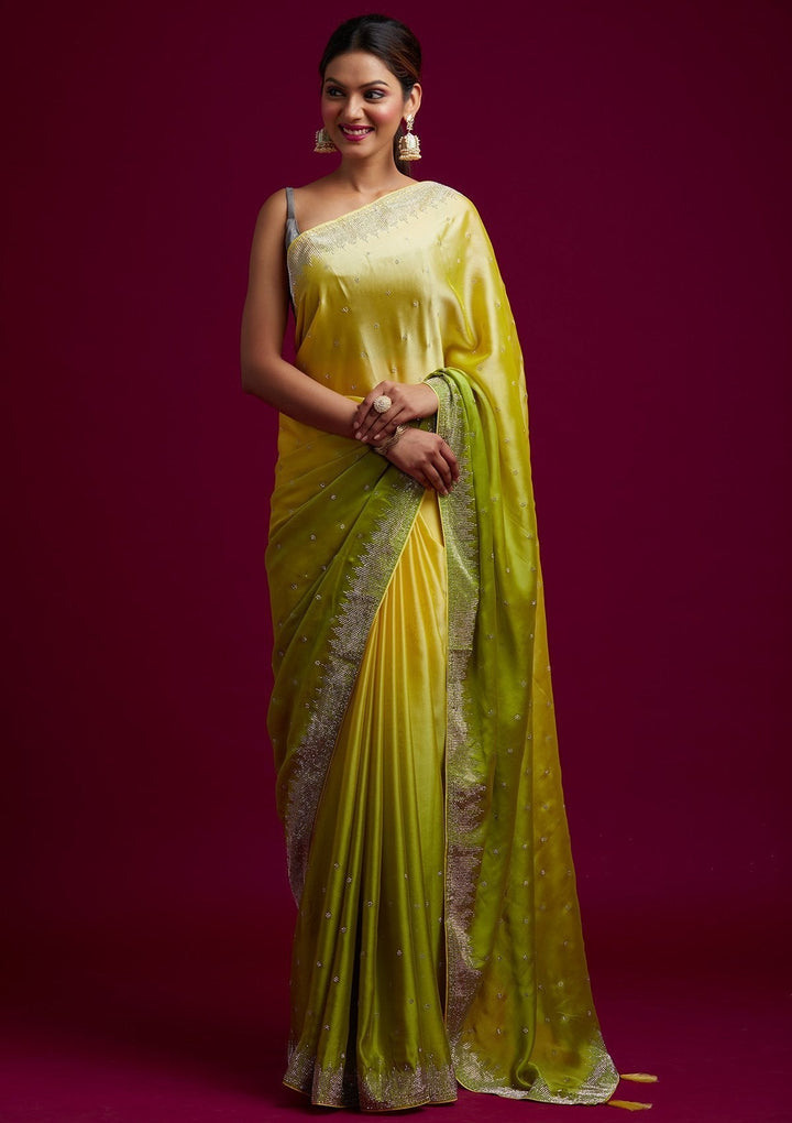 Pista Green Swarovski Semi Crepe Designer Saree - koskii