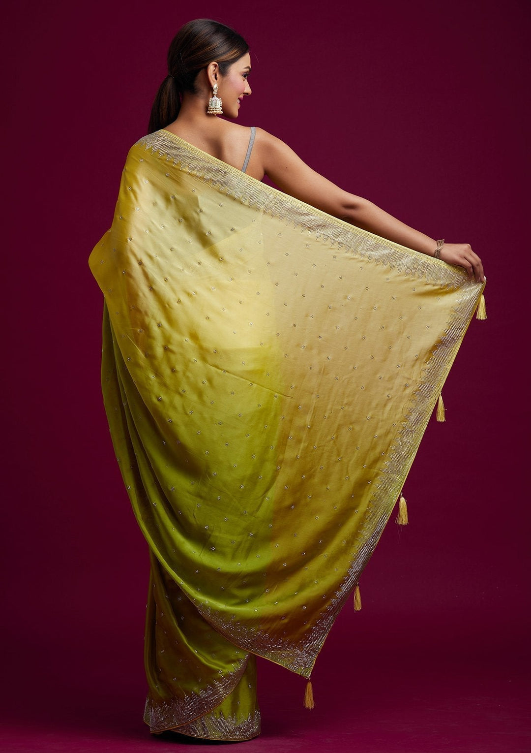Pista Green Swarovski Semi Crepe Designer Saree - koskii