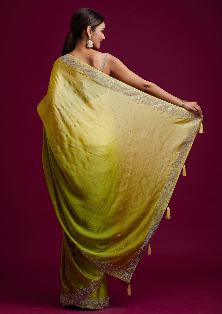 Pista Green Swarovski Semi Crepe Designer Saree - koskii