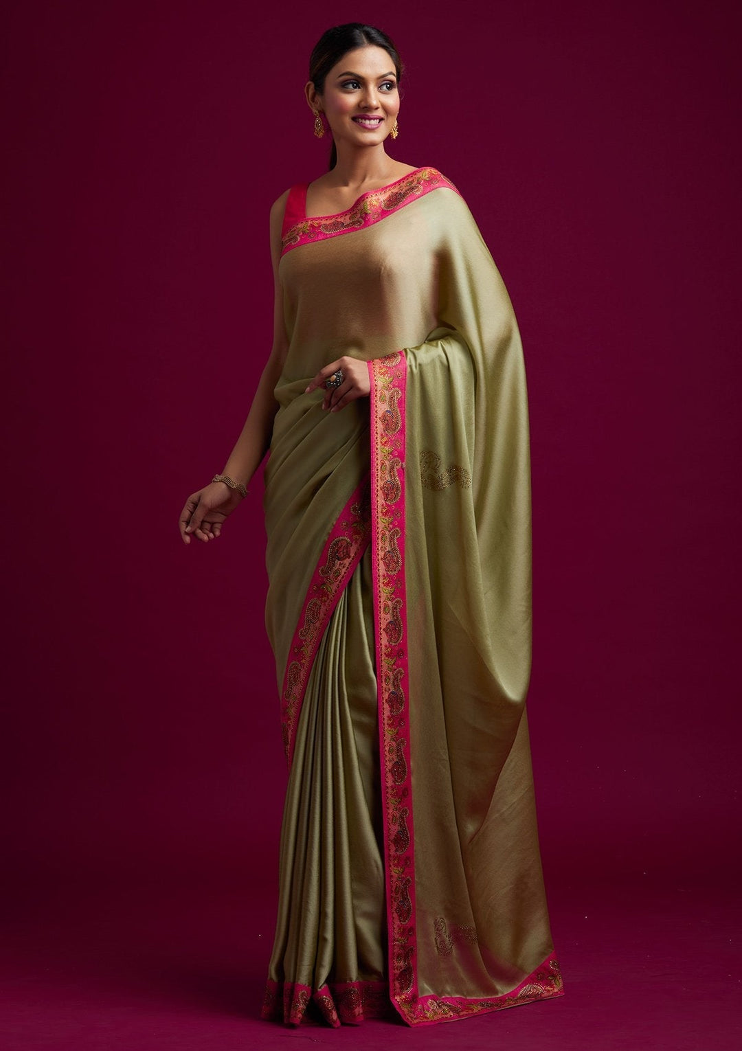 Pista Green Swarovski Semi Crepe Designer Saree - koskii
