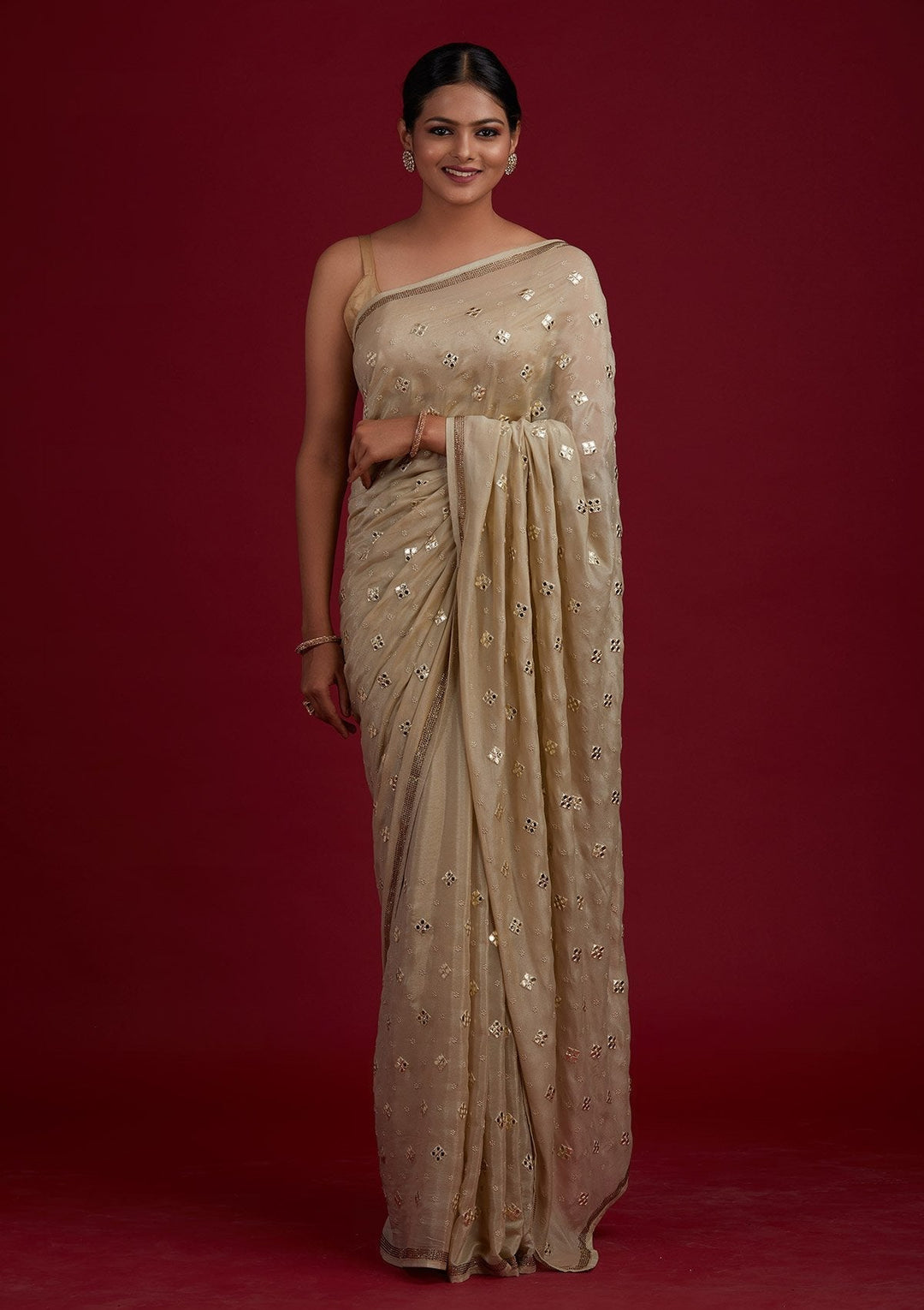 Pista Green Swarovski Semi Crepe Designer Saree - Koskii