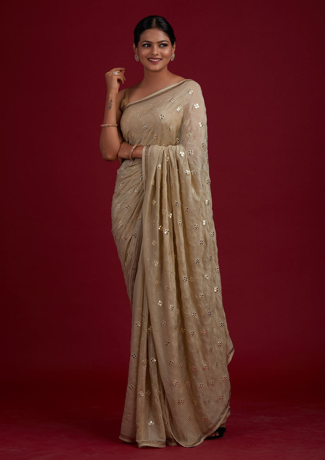 Pista Green Swarovski Semi Crepe Designer Saree - Koskii