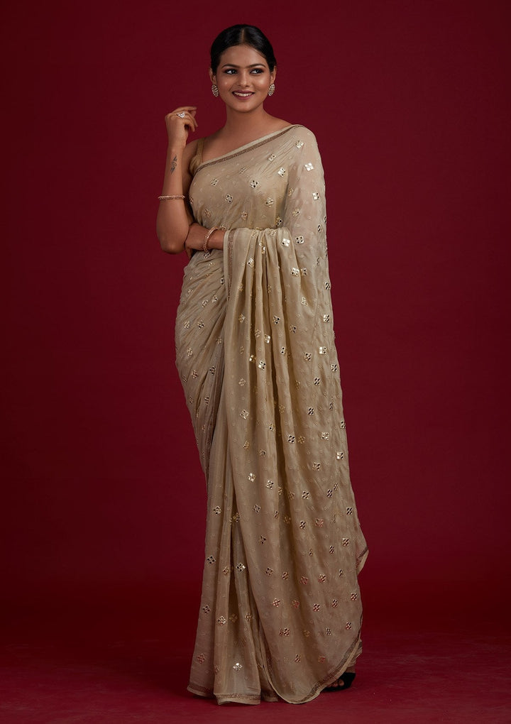 Pista Green Swarovski Semi Crepe Designer Saree - Koskii