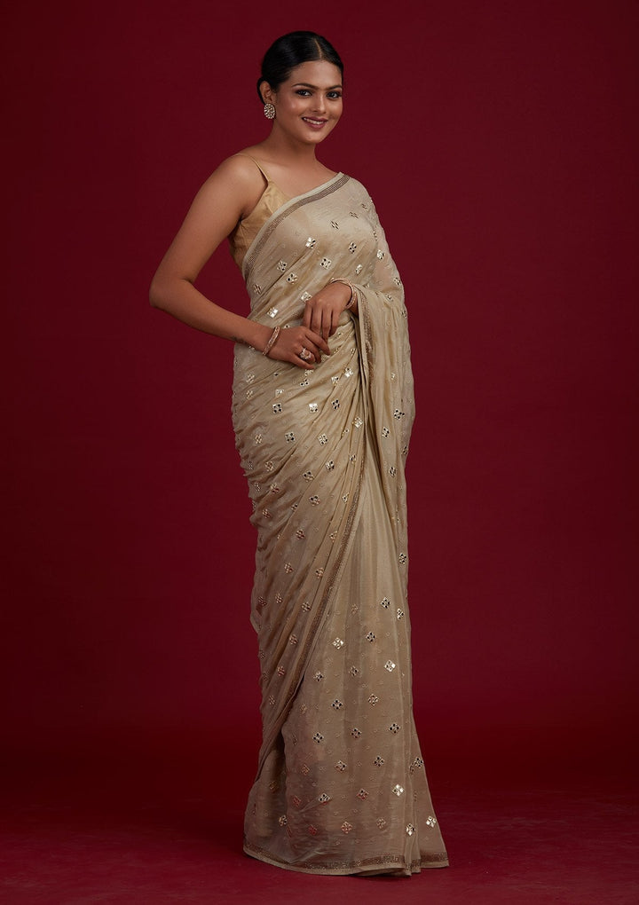 Pista Green Swarovski Semi Crepe Designer Saree - Koskii